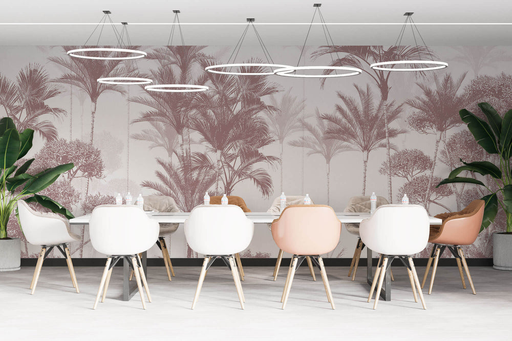 Tapet personalizat Tropical cu copaci tropicali in nuante de rosiatice - PLUM PALMS