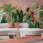 Tapet personalizat Tropical cu plante verzi exotice pictate in stil watercolor si fundal rozaliu - SUNSET JUNGLE