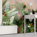 Tapet personalizat Tropical cu plante verzi exotice pictate in stil watercolor si fundal rozaliu - SUNSET JUNGLE