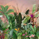 Tapet personalizat Tropical cu plante verzi exotice pictate in stil watercolor si fundal rozaliu - SUNSET JUNGLE