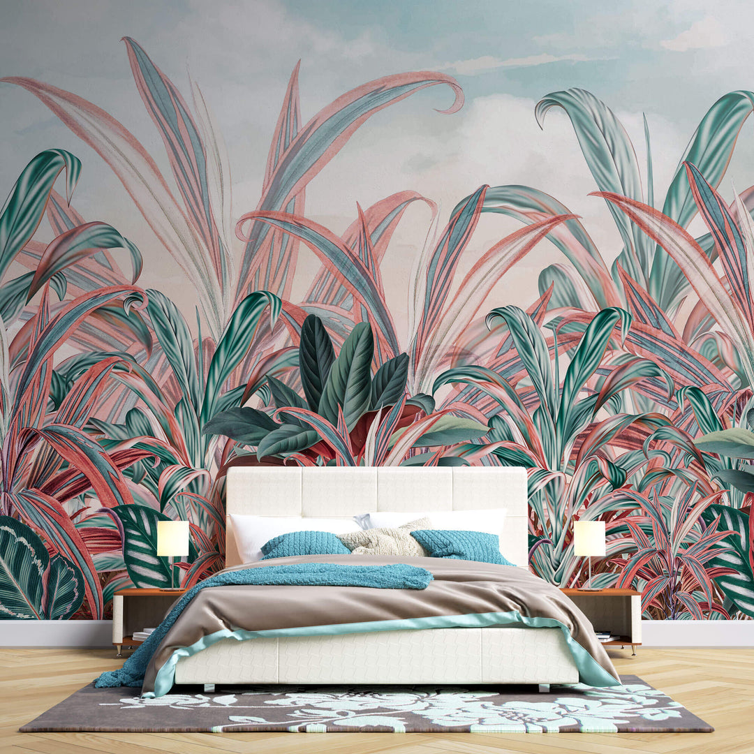 Tapet personalizat Tropical cu plante tropicale in nuante de verde si roz - CRIMSON RED JUNGLE