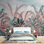 Tapet personalizat Tropical cu plante tropicale in nuante de verde si roz - CRIMSON RED JUNGLE