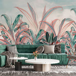 Tapet personalizat Tropical cu plante tropicale in nuante de verde si roz - CRIMSON RED JUNGLE