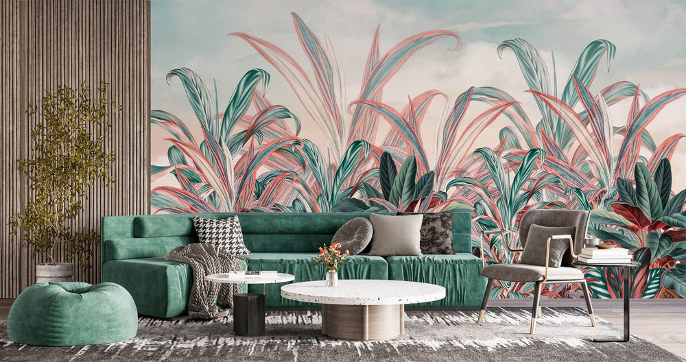 Tapet personalizat Tropical cu plante tropicale in nuante de verde si roz - CRIMSON RED JUNGLE