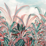 Tapet personalizat Tropical cu plante tropicale in nuante de verde si roz - CRIMSON RED JUNGLE