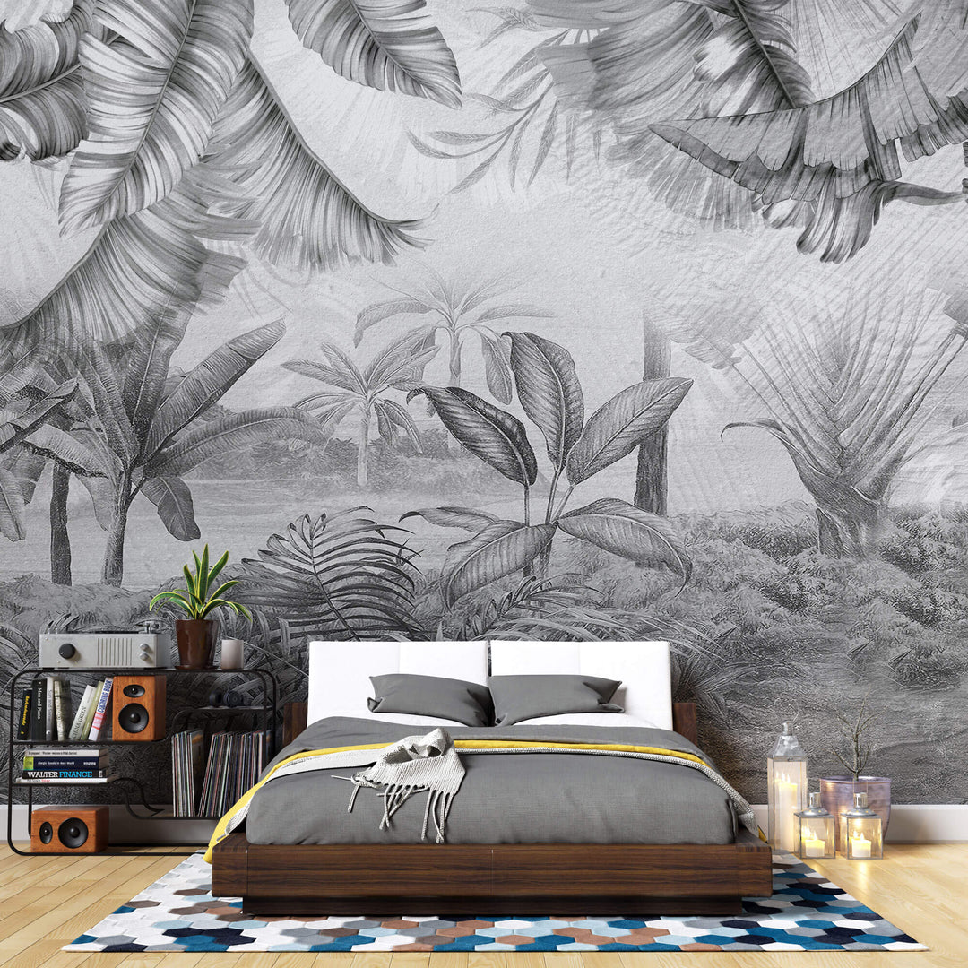 Tapet personalizat Tropical cu plante tropicale ilustrate intr-un stil abstract pe un fundal de plaster in nuante de gri - NARROWED JUNGLE