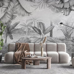 Tapet personalizat Tropical cu plante tropicale ilustrate intr-un stil abstract pe un fundal de plaster in nuante de gri - NARROWED JUNGLE