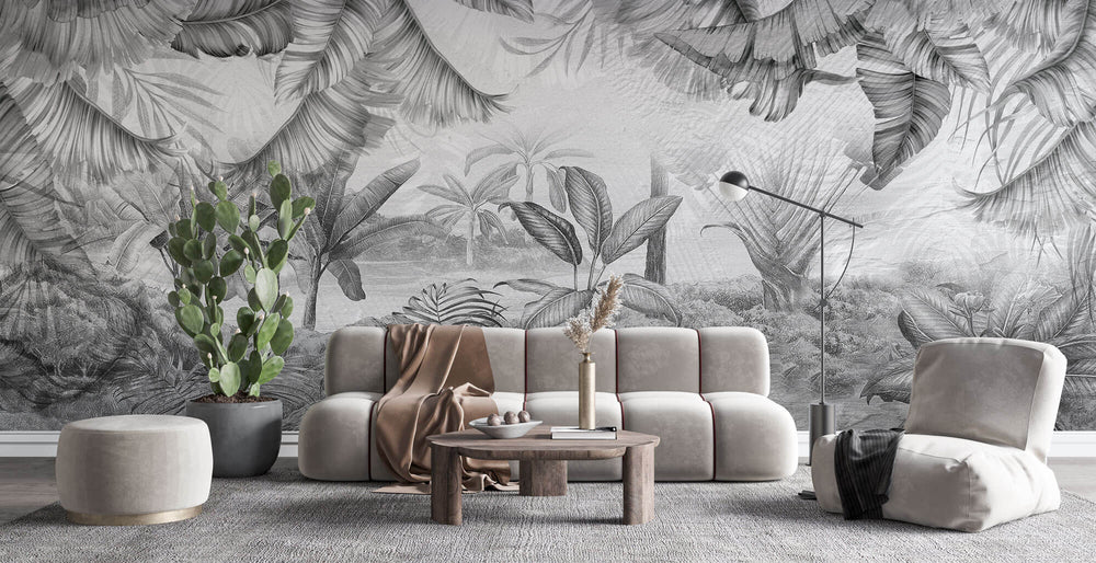 Tapet personalizat Tropical cu plante tropicale ilustrate intr-un stil abstract pe un fundal de plaster in nuante de gri - NARROWED JUNGLE