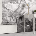 Tapet personalizat Tropical cu plante tropicale ilustrate intr-un stil abstract pe un fundal de plaster in nuante de gri - NARROWED JUNGLE