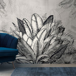 Tapet personalizat Tropical cu plante tropicale in alb negru - GREY TROPICAL LEAVES