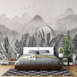 Tapet personalizat Tropical cu peisaj montan tropical in nuante de alb negru - GREY MOUNTAIN JUNGLE