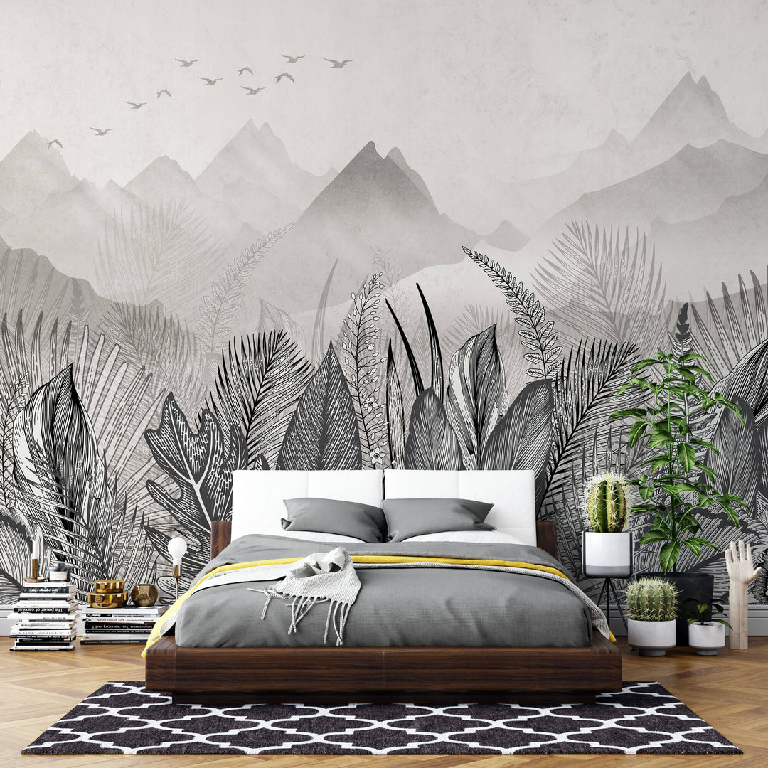 Tapet personalizat Tropical cu peisaj montan tropical in nuante de alb negru - GREY MOUNTAIN JUNGLE