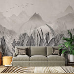 Tapet personalizat Tropical cu peisaj montan tropical in nuante de alb negru - GREY MOUNTAIN JUNGLE