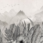 Tapet personalizat Tropical cu peisaj montan tropical in nuante de alb negru - GREY MOUNTAIN JUNGLE