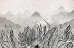 Tapet personalizat Tropical cu peisaj montan tropical in nuante de alb negru - GREY MOUNTAIN JUNGLE