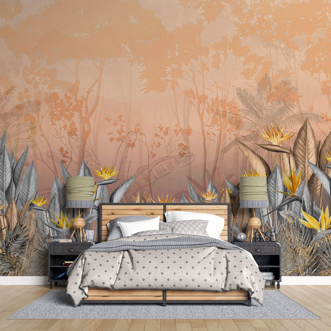 Tapet personalizat Tropical cu floarea paradisului in nuante calde - YELLOW BIRD OF PARADISE