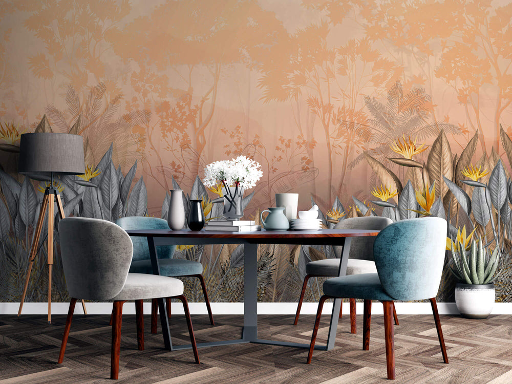 Tapet personalizat Tropical cu floarea paradisului in nuante calde - YELLOW BIRD OF PARADISE