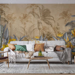 Tapet personalizat Tropical cu flori galbene si frunze gri in contrast si fundal sepia - YELLOW CONTRAST JUNGLE