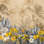 Tapet personalizat Tropical cu flori galbene si frunze gri in contrast si fundal sepia - YELLOW CONTRAST JUNGLE