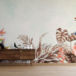 Tapet personalizat Tropical cu plante in nuante rozalii si papagli exotici - CORAL JUNGLE