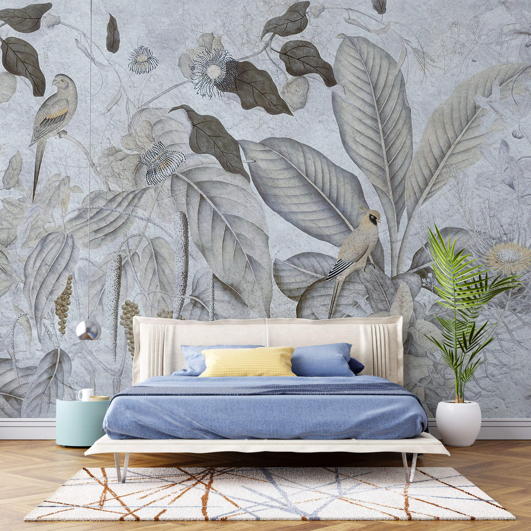 Tapet personalizat Tropical cu pasari si fructe exotice in nuante de albastru-gri - TROPICAL BLUE MURAL