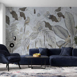 Tapet personalizat Tropical cu pasari si fructe exotice in nuante de albastru-gri - TROPICAL BLUE MURAL
