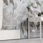 Tapet personalizat Tropical cu pasari si fructe exotice in nuante de albastru-gri - TROPICAL BLUE MURAL