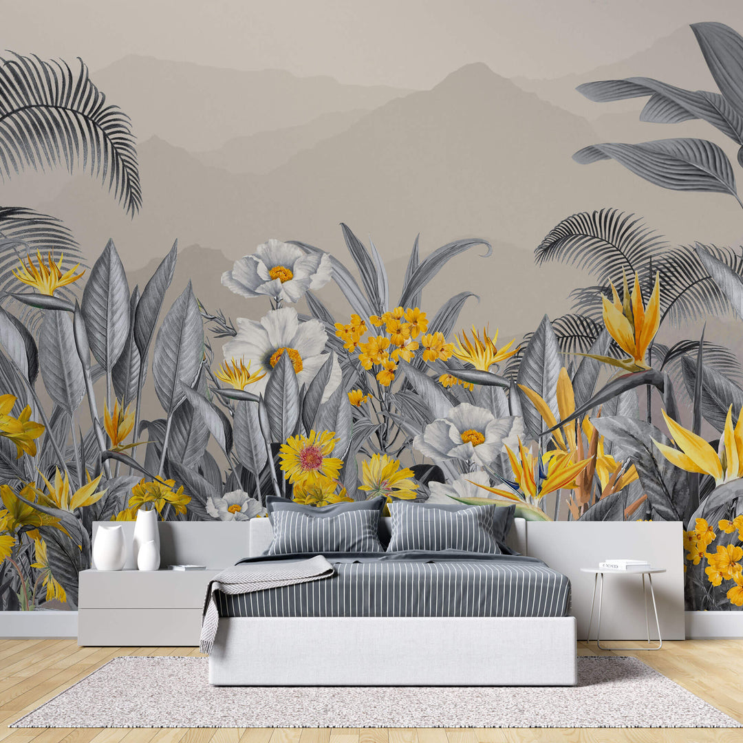 Tapet personalizat Tropical cu peisaj montan tropical cu flori galbene si plante gri - YELLOW FLOWERISH JUNGLE