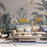 Tapet personalizat Tropical cu peisaj montan tropical cu flori galbene si plante gri - YELLOW FLOWERISH JUNGLE