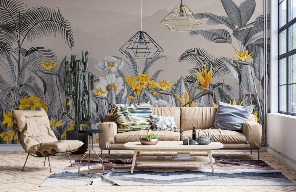 Tapet personalizat Tropical cu peisaj montan tropical cu flori galbene si plante gri - YELLOW FLOWERISH JUNGLE