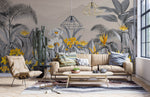 Tapet personalizat Tropical cu peisaj montan tropical cu flori galbene si plante gri - YELLOW FLOWERISH JUNGLE