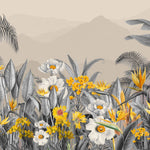 Tapet personalizat Tropical cu peisaj montan tropical cu flori galbene si plante gri - YELLOW FLOWERISH JUNGLE