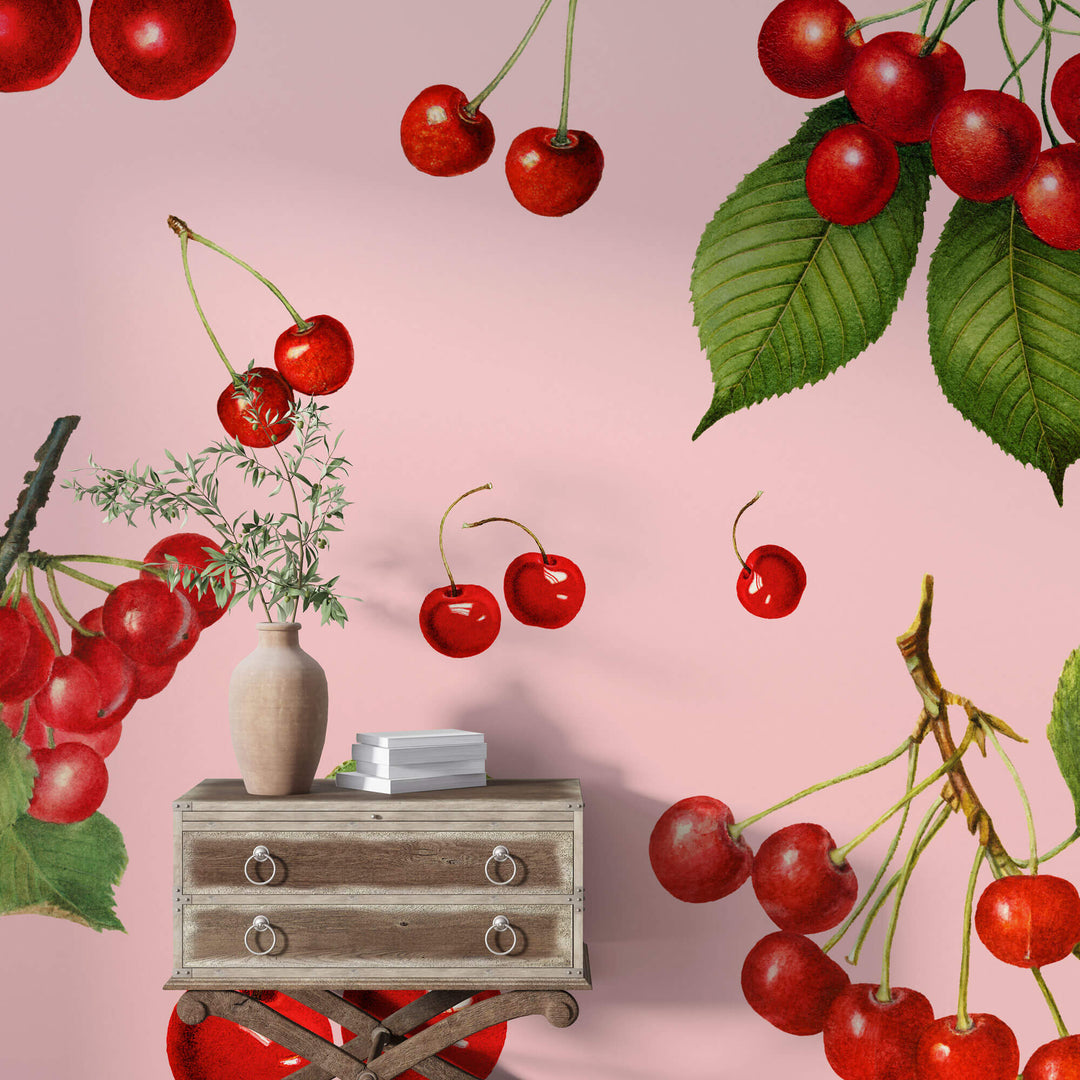 Tapet personalizat cu Fructe cu cirese rosii pe un fundal roz - CHERRY PINK