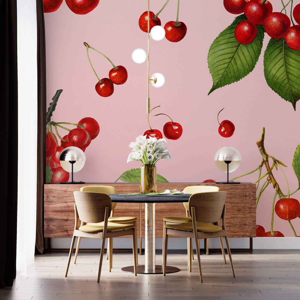 Tapet personalizat cu Fructe cu cirese rosii pe un fundal roz - CHERRY PINK