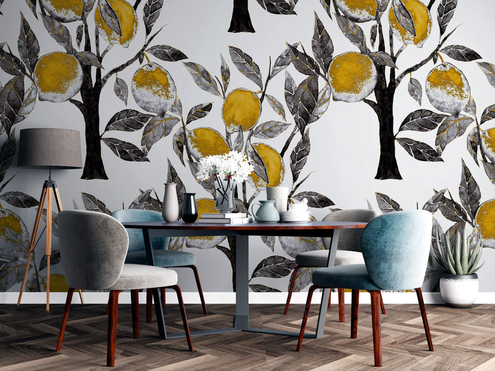 Tapet personalizat cu Fructe cu lamai abstracte - LEMON GREY