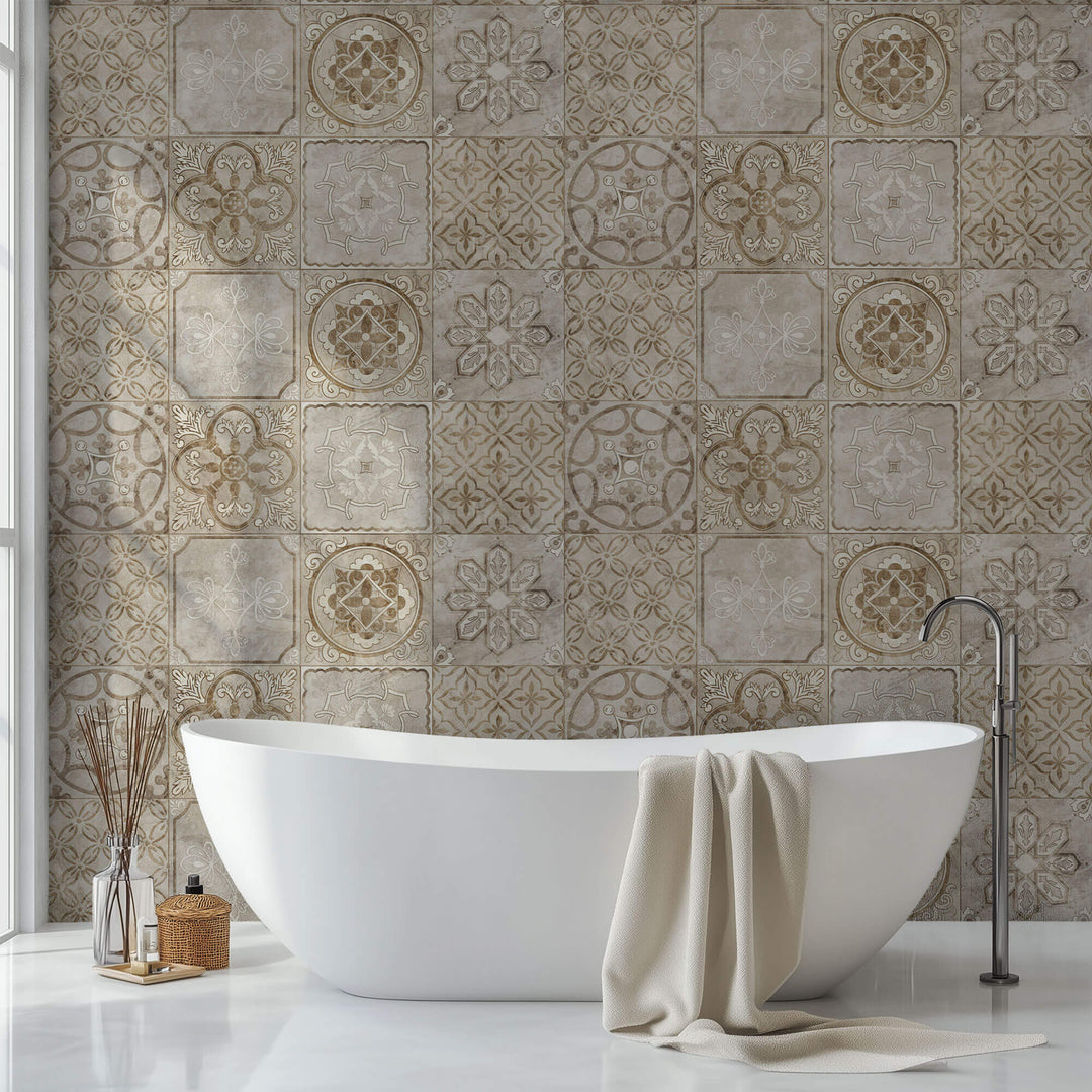 Tapet personalizat Mozaic cu elemente florale in nuante de bej granit - ANCIENT TILES