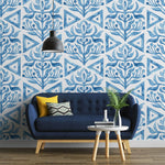 Tapet personalizat Mozaic cu elemente florale in nuante de albastru watercolor - BLUE TRIANGLE TILES