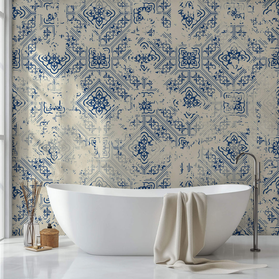 Tapet personalizat Mozaic cu mosaic texturat in nuante de albastru si crem - VINTAGE BLUE ORIENTAL