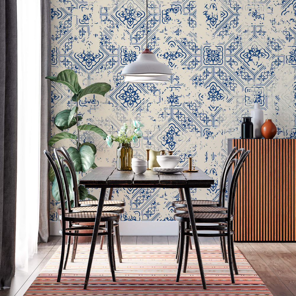 Tapet personalizat Mozaic cu mosaic texturat in nuante de albastru si crem - VINTAGE BLUE ORIENTAL