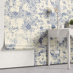 Tapet personalizat Mozaic cu mosaic texturat in nuante de albastru si crem - VINTAGE BLUE ORIENTAL