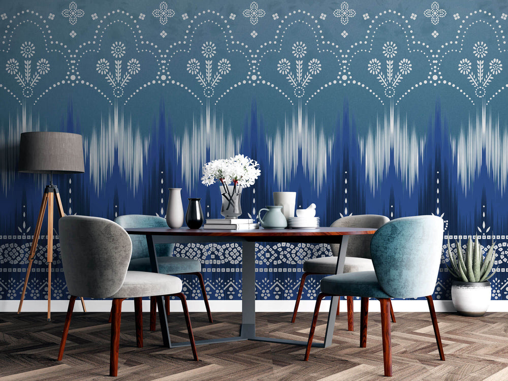 Tapet personalizat Mozaic cu motive indiene in nuante de albastru - BLUE MUMBAI