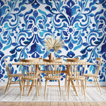Tapet personalizat Mozaic cu pictura in nuante de albastru intens - BLUE DAMASK FLOWERS
