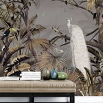 Tapet personalizat zen oriental cu padure tropicala in nuante maro si paun alb white peacock jungle