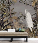 Tapet personalizat zen oriental cu padure tropicala in nuante maro si paun alb white peacock jungle