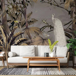 Tapet personalizat zen oriental cu padure tropicala in nuante maro si paun alb white peacock jungle