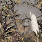 Tapet personalizat zen oriental cu padure tropicala in nuante maro si paun alb white peacock jungle