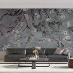 Tapet personalizat zen oriental cu copac inflorit pe un fundal albastru/gri inchis rainy spring