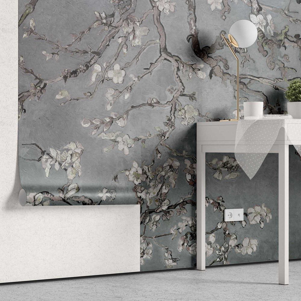Tapet personalizat zen oriental cu copac inflorit pe un fundal albastru/gri inchis rainy spring