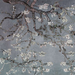 Tapet personalizat zen oriental cu copac inflorit pe un fundal albastru/gri inchis rainy spring