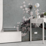 Tapet personalizat zen oriental cu cires japonez si pasari pe un fundal albastru/gri inchis texturat cherry blue